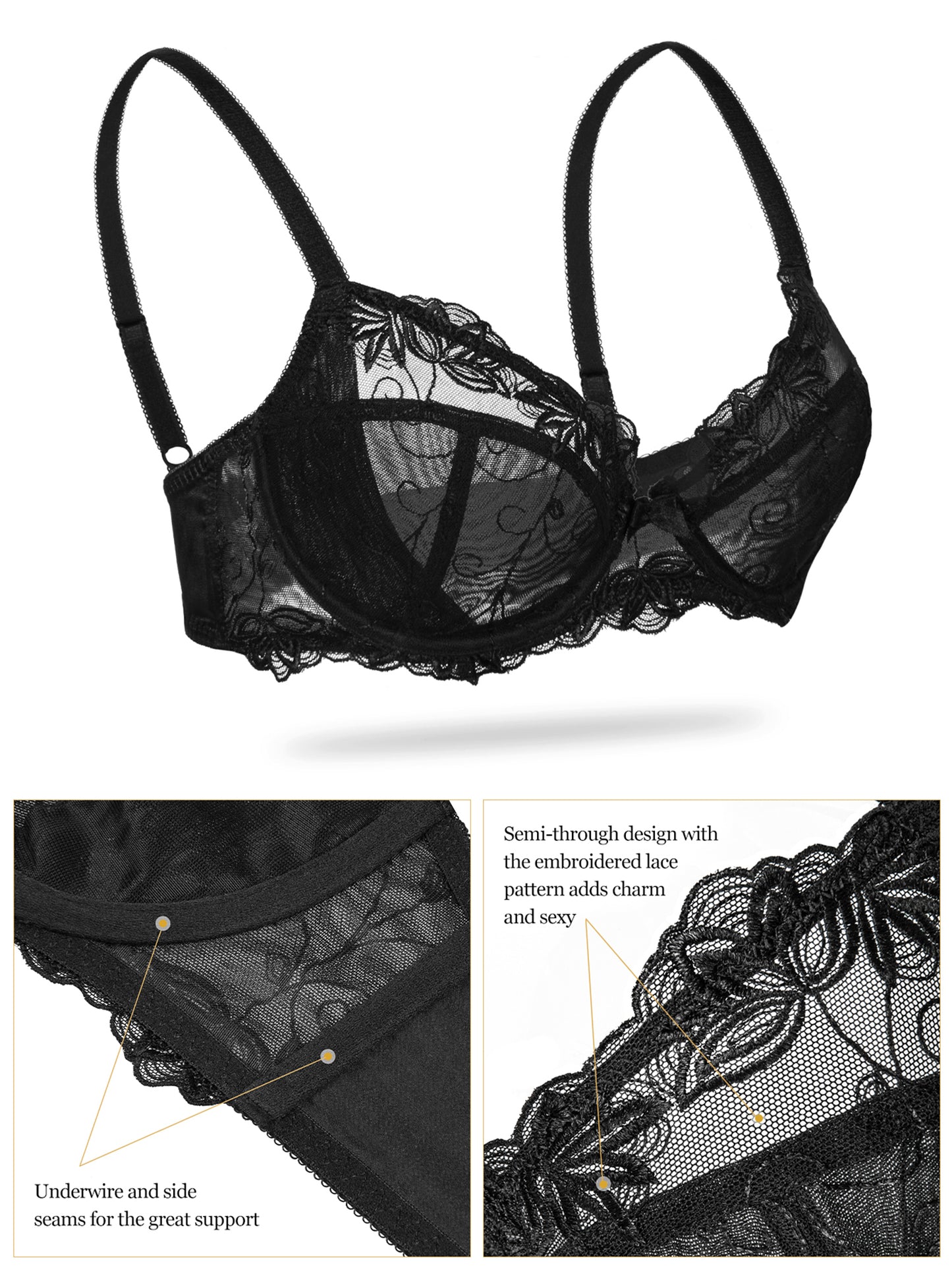 Deyllo Women's Push up Lace Bras Plus Size Unpadded Full Figue Underwire Support Demi See Though Bra,Black