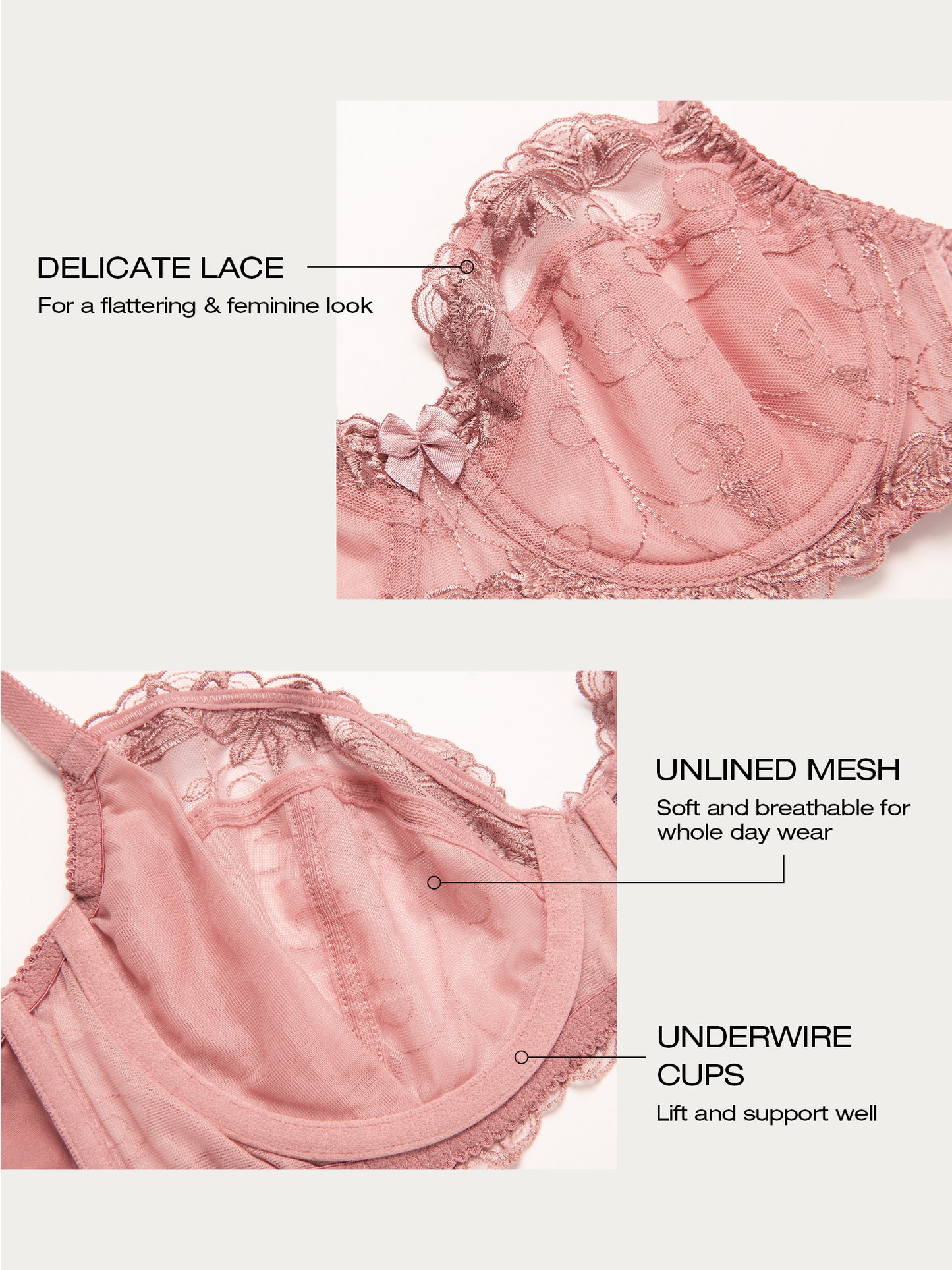 Deyllo Women's Push up Lace Bras Plus Size Unpadded Full Figue Underwire Support Demi See Though Bra, Rose Brown
