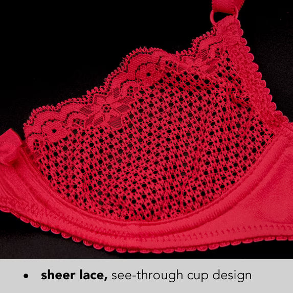 Wingslove Women's Sexy 1/2 Cup Lace Bra Balconette Mesh Underwired Demi Shelf Bra Unlined See Through Bralette,Red