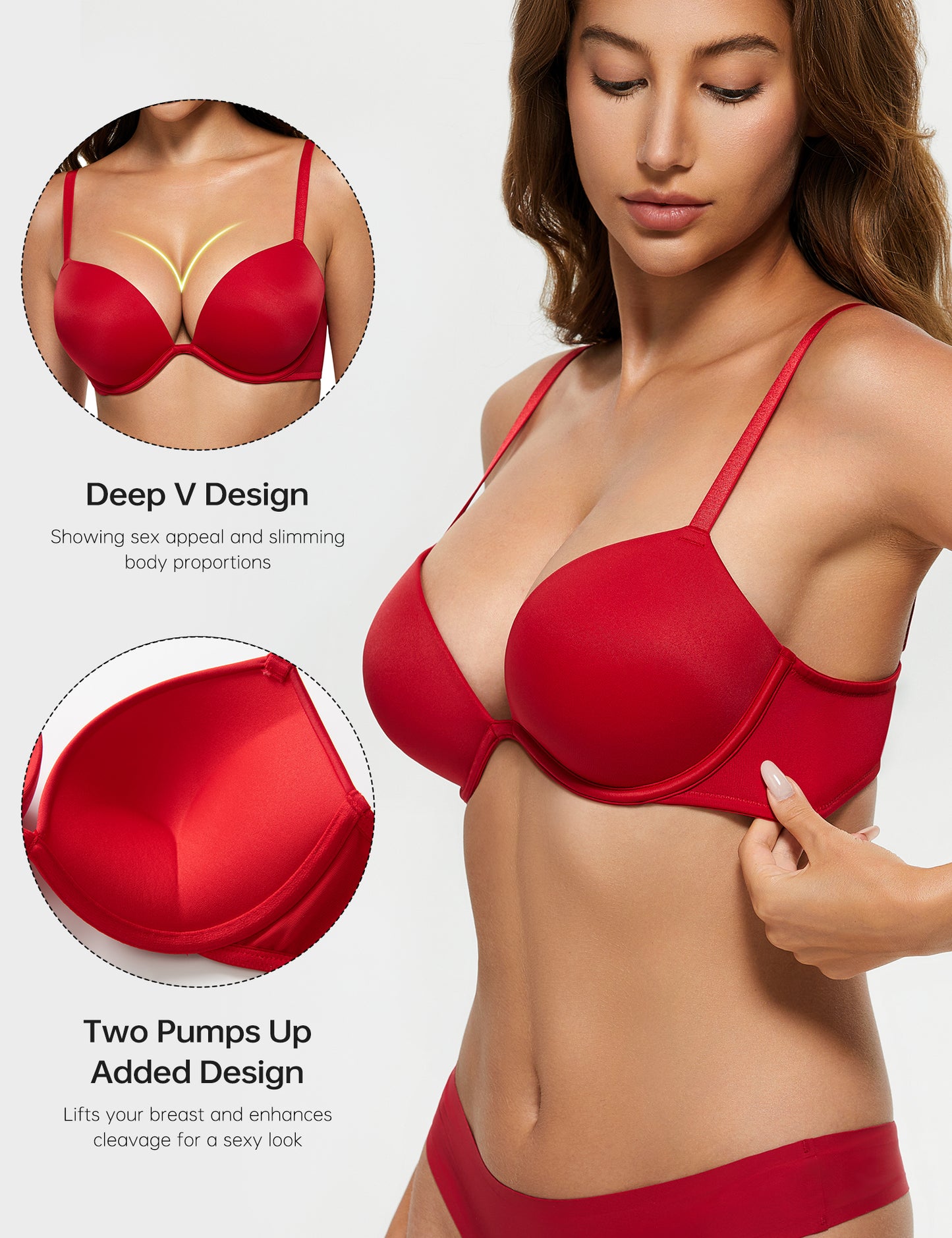 Wingslove Womens Push-up Bra Deep V Plunge Underwire T-Shirt Bra, Red