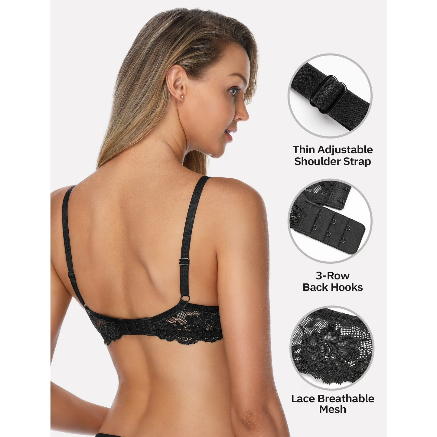 Wingslove Women's Push Up Sexy Lace Padded Plunge Underwire Lift Up Bras Add 1 Cup Boost Brassiere,Black