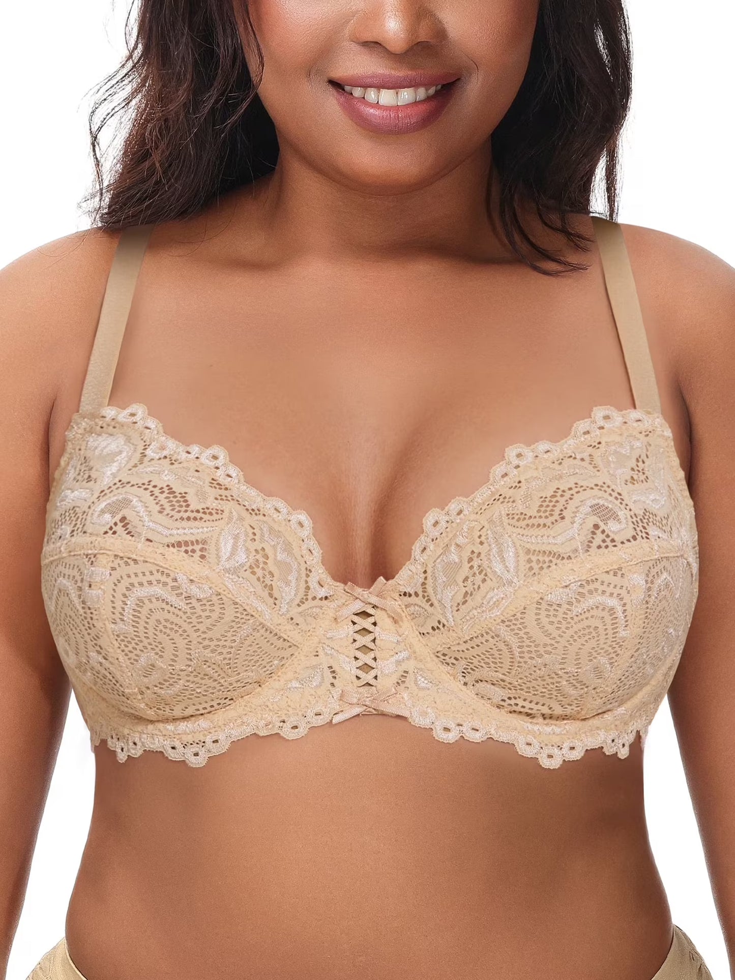 Deyllo Women's Sheer Lace Mesh Bra, Unlined Full Cup, Dark Beige