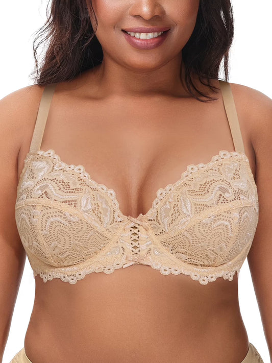 Deyllo Women's Sheer Lace Mesh Bra, Unlined Full Cup, Dark Beige