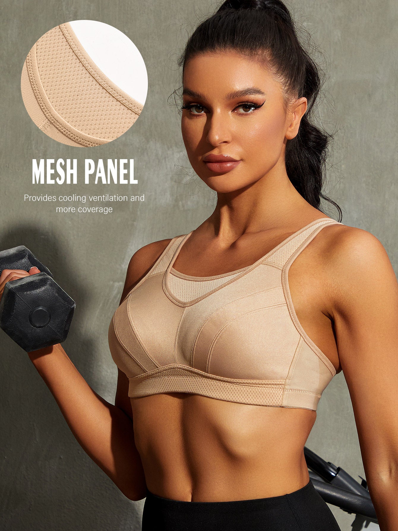 Wingslove Women's Sports Bra Full Coverage Wireless Bra Plus Size High Impact Non Padded Workout Bra,Beige