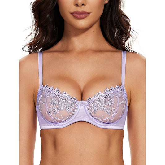 Wingslove Women's Sexy Lace Sheer Bra Demi Mesh Balconette See Through Unlined Underwire with Silicone Nipple, Light Purple
