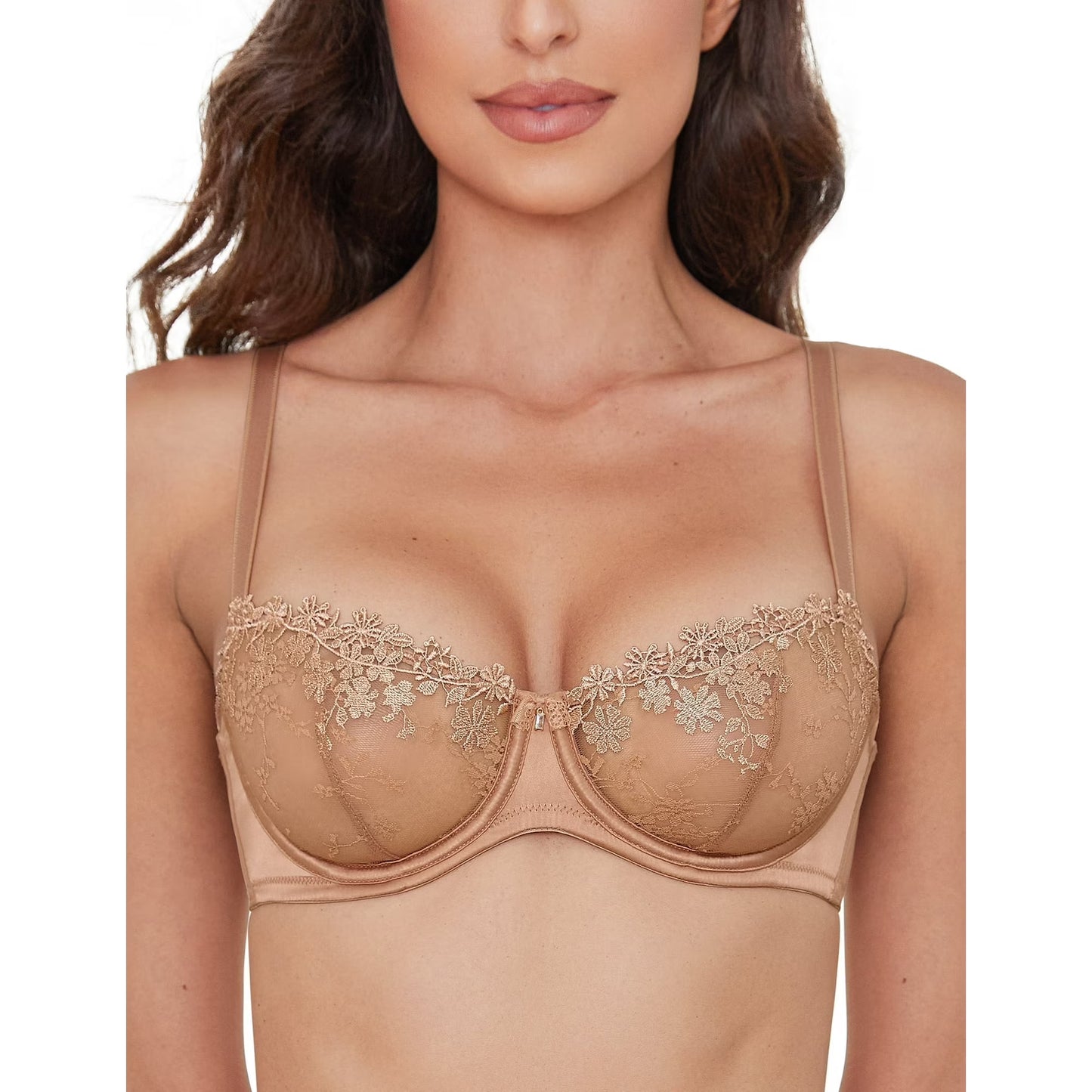 Wingslove Women's Sexy Lace Sheer Bra Demi Mesh Balconette See Through Unlined Underwire with Silicone Nipple,Milk Coffee