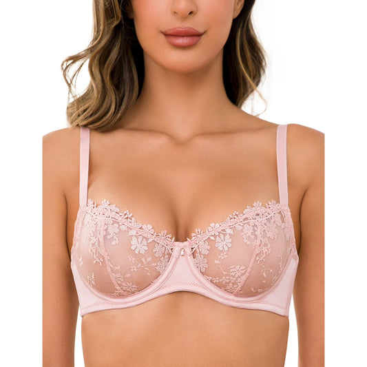 Wingslove Women's Sexy Lace Sheer Bra Demi Mesh Balconette See Through Unlined Underwire with Silicone Nipple, Pink