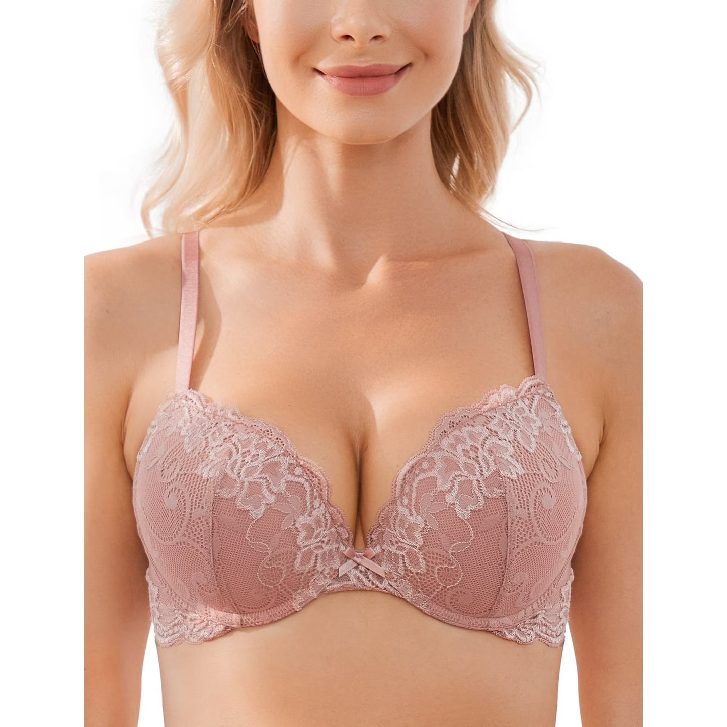 Wingslove Women's Push Up Sexy Lace Padded Plunge Underwire Lift Up Bras Add 1 Cup Boost Brassiere,Rose Pink Brown