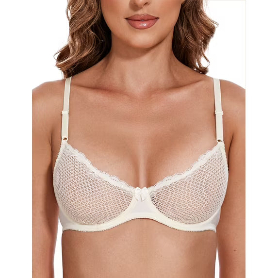 Wingslove Women's Sexy 1/2 Cup Lace Bra Balconette Mesh Underwired Demi Shelf Bra Unlined See Through Bralette,Ivory