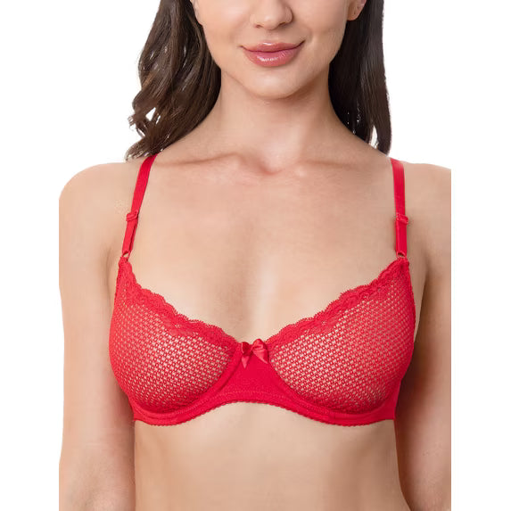 Wingslove Women's Sexy 1/2 Cup Lace Bra Balconette Mesh Underwired Demi Shelf Bra Unlined See Through Bralette,Red