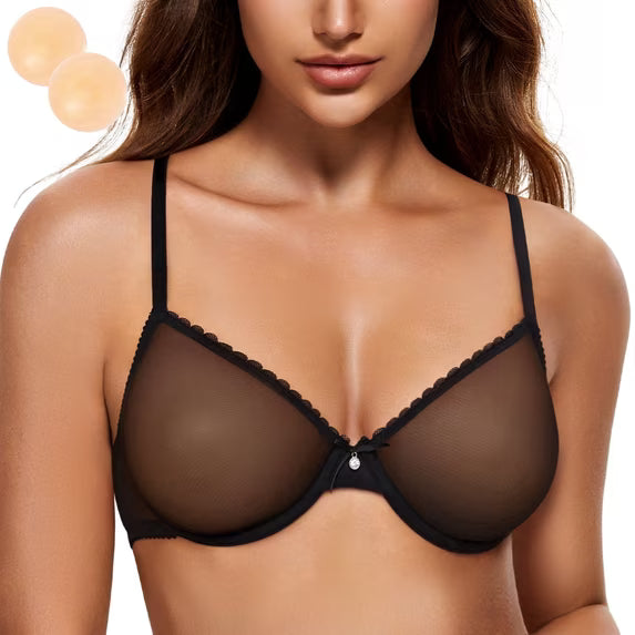 Wingslove Women's Sexy Sheer Bra Unlined Underwire Support See Through Everyday Bra with Silicone Nipple, Nude