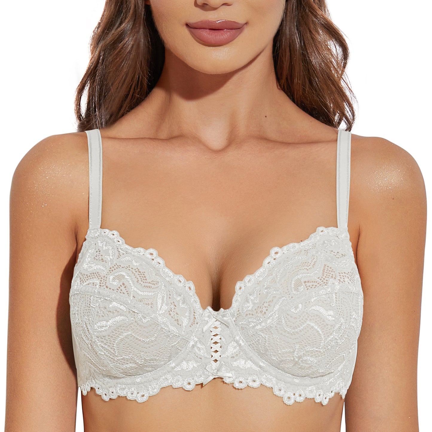 Deyllo Women's Sheer Lace Mesh Bra, Unlined Full Cup, White