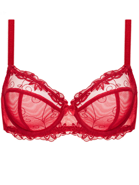 Deyllo Women's Push up Lace Bras Plus Size Unpadded Full Figue Underwire Support Demi See Though Bra,Red