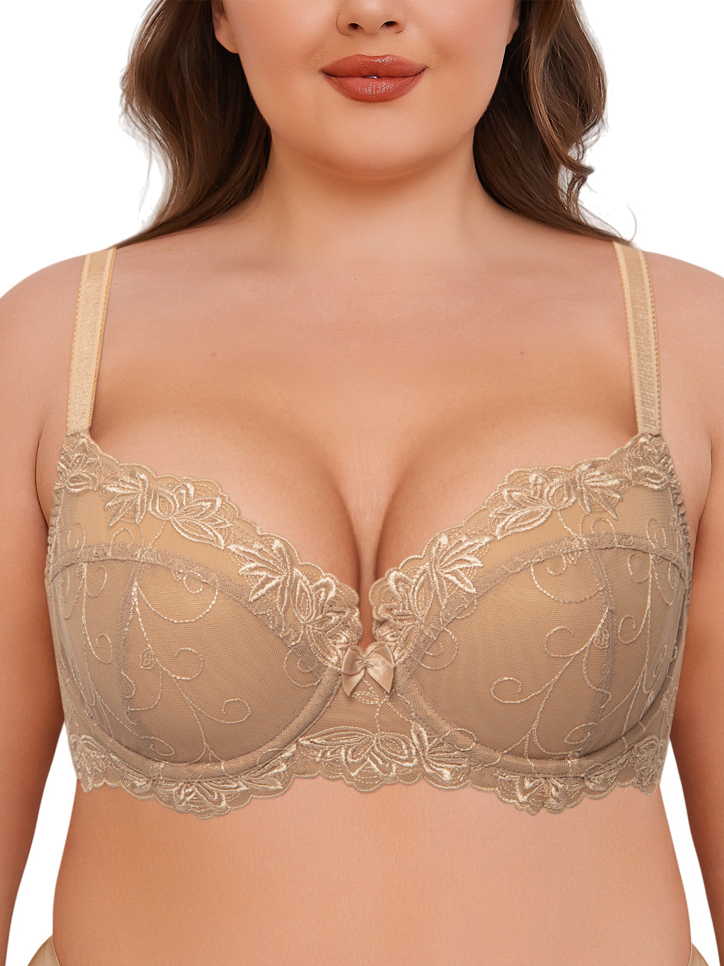 Deyllo Women's Push up Lace Bras Plus Size Unpadded Full Figue Underwire Support Demi See Though Bra, Beige