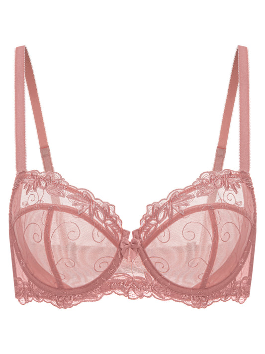 Deyllo Women's Push up Lace Bras Plus Size Unpadded Full Figue Underwire Support Demi See Though Bra, Rose Brown