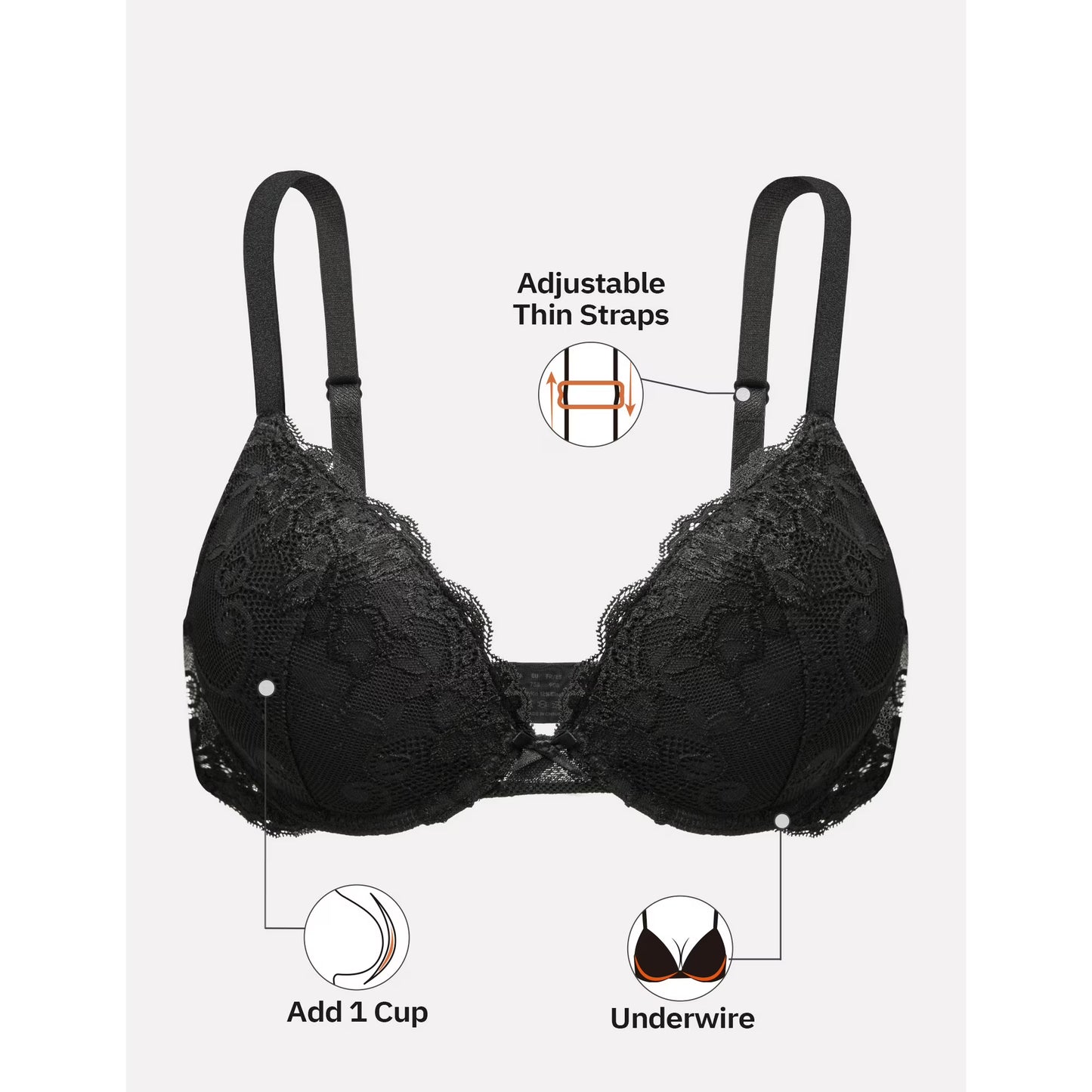 Wingslove Women's Push Up Sexy Lace Padded Plunge Underwire Lift Up Bras Add 1 Cup Boost Brassiere,Black