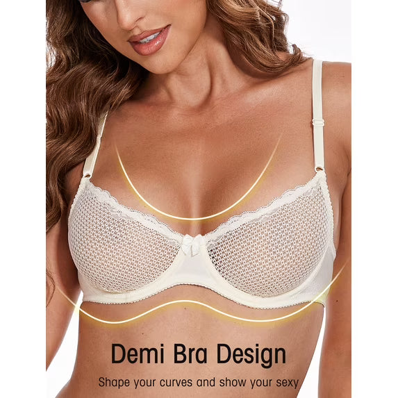 Wingslove Women's Sexy 1/2 Cup Lace Bra Balconette Mesh Underwired Demi Shelf Bra Unlined See Through Bralette,Ivory