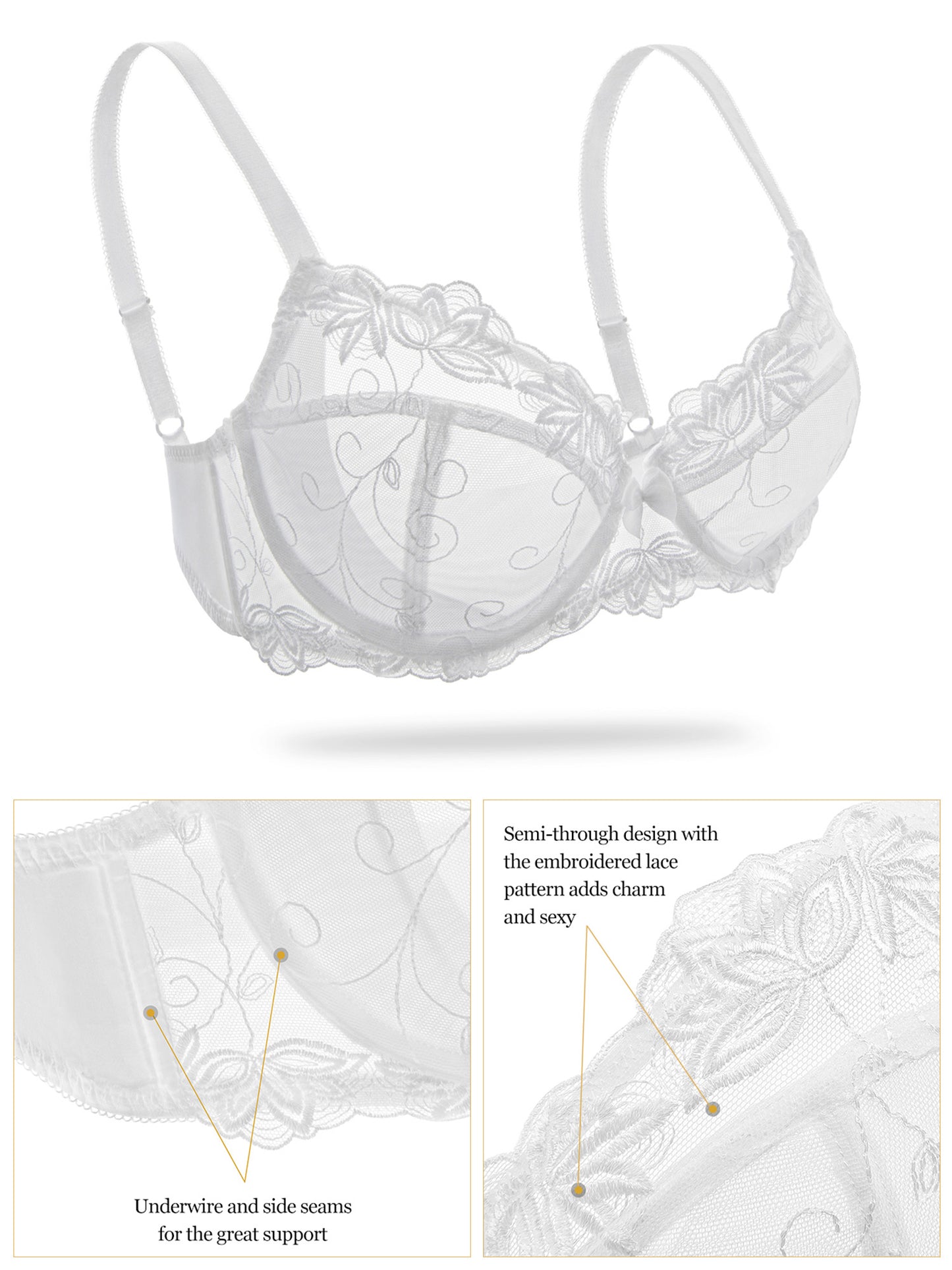 Deyllo Women's Push up Lace Bras Plus Size Unpadded Full Figue Underwire Support Demi See Though Bra, White