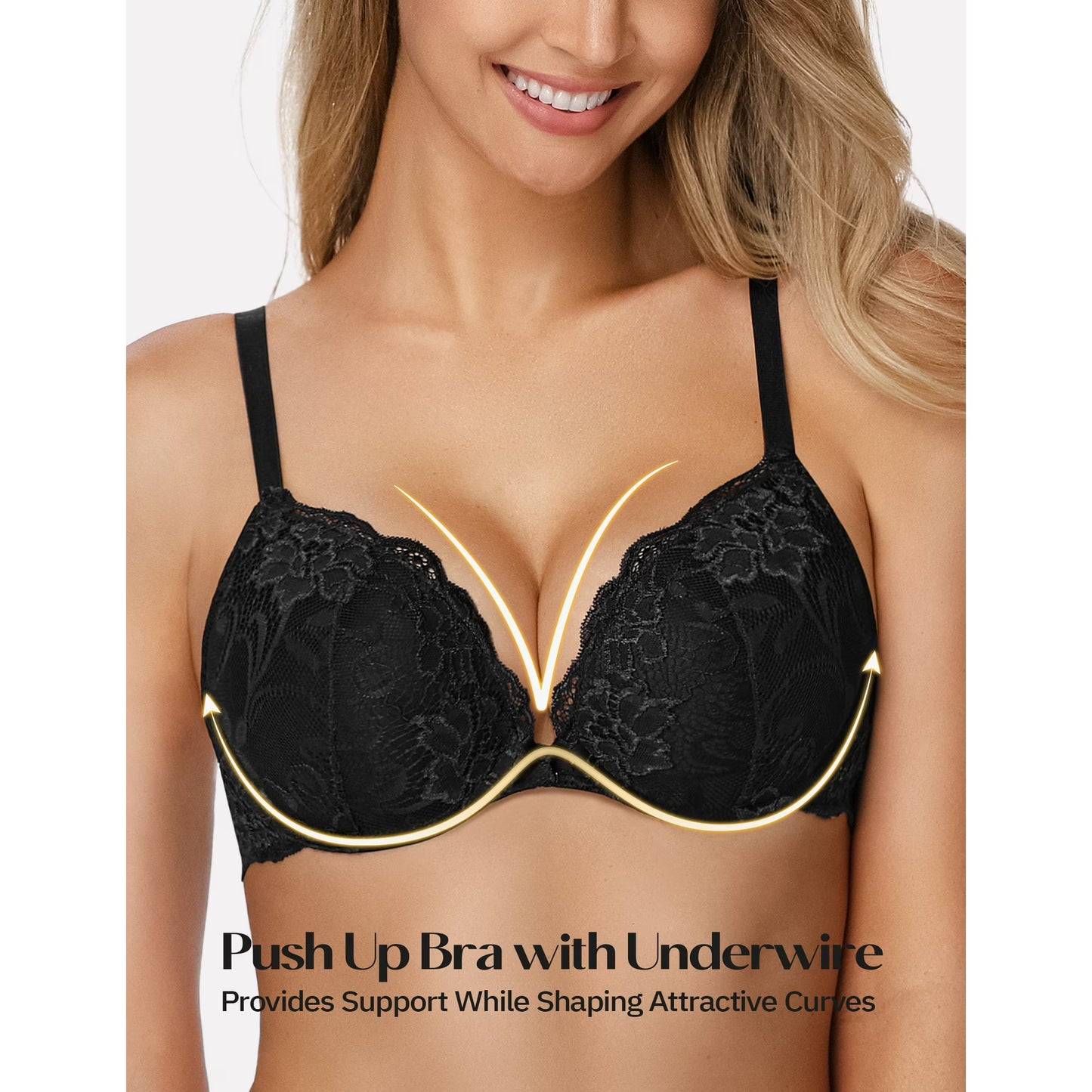 Wingslove Women's Push Up Sexy Lace Padded Plunge Underwire Lift Up Bras Add 1 Cup Boost Brassiere,Black