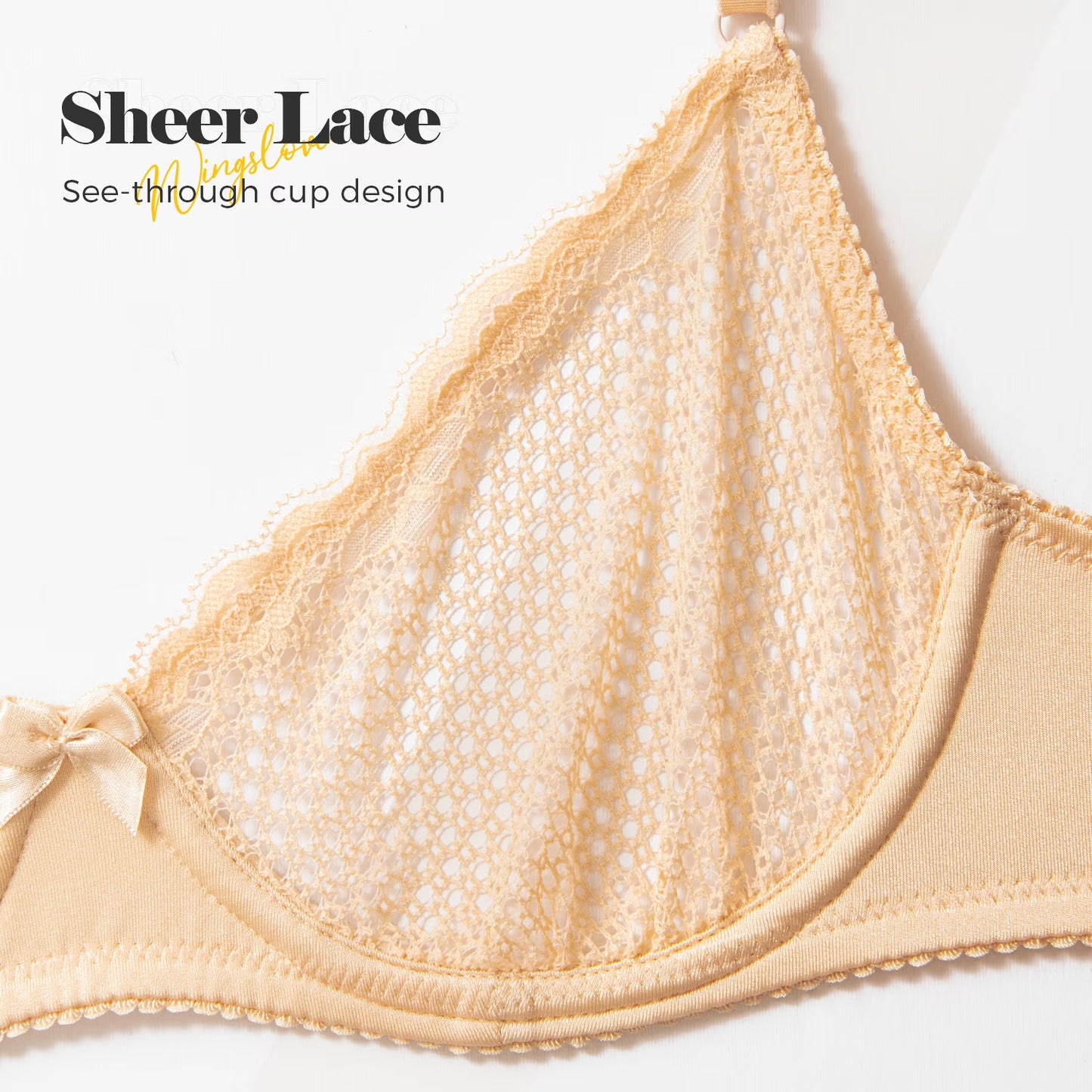 Wingslove Women's Sexy 1/2 Cup Lace Bra Balconette Mesh Underwired Demi Shelf Bra Unlined See Through Bralette,Beige