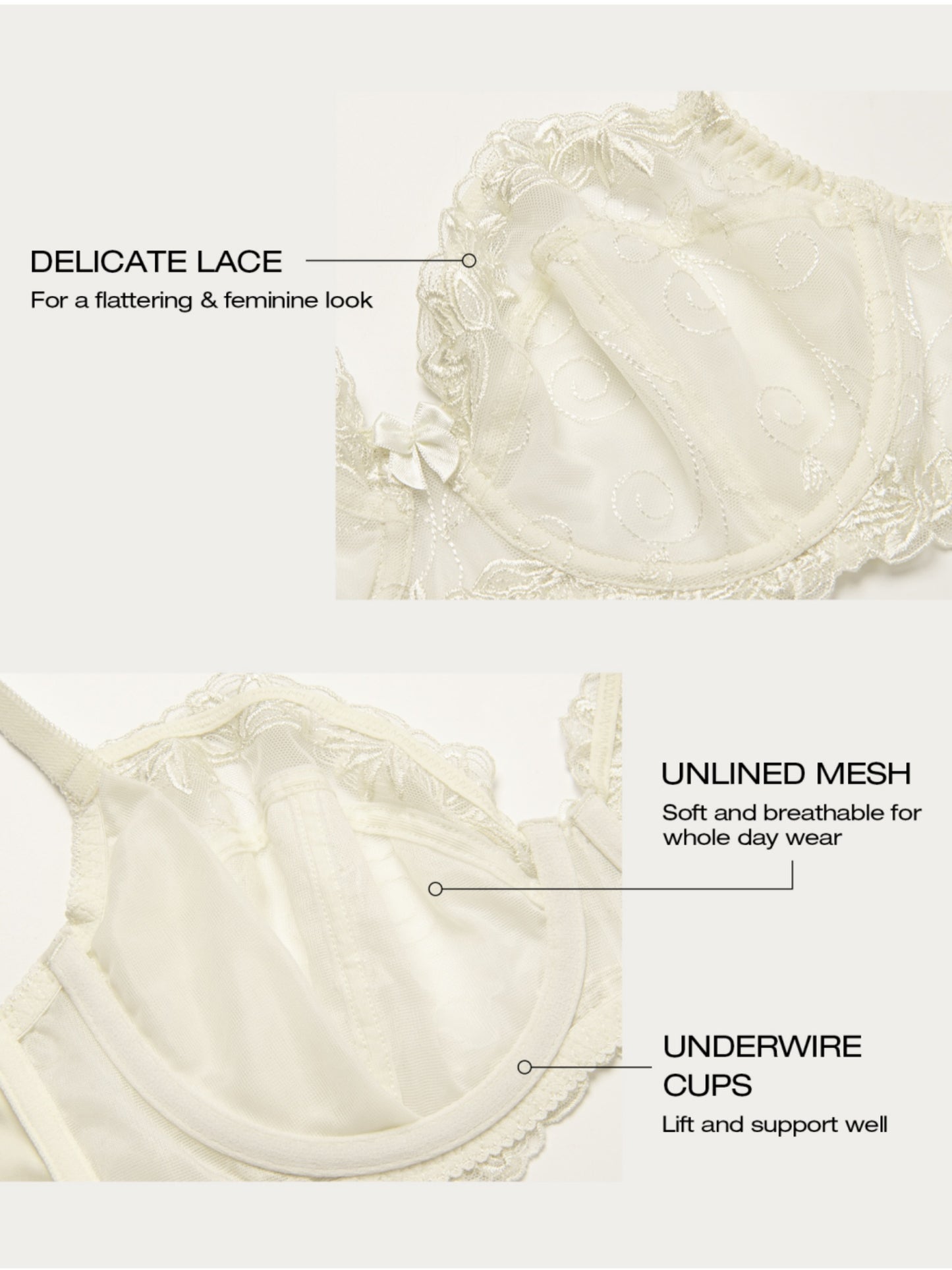 Deyllo Women's Push up Lace Bras Plus Size Unpadded Full Figue Underwire Support Demi See Though Bra, Ivory