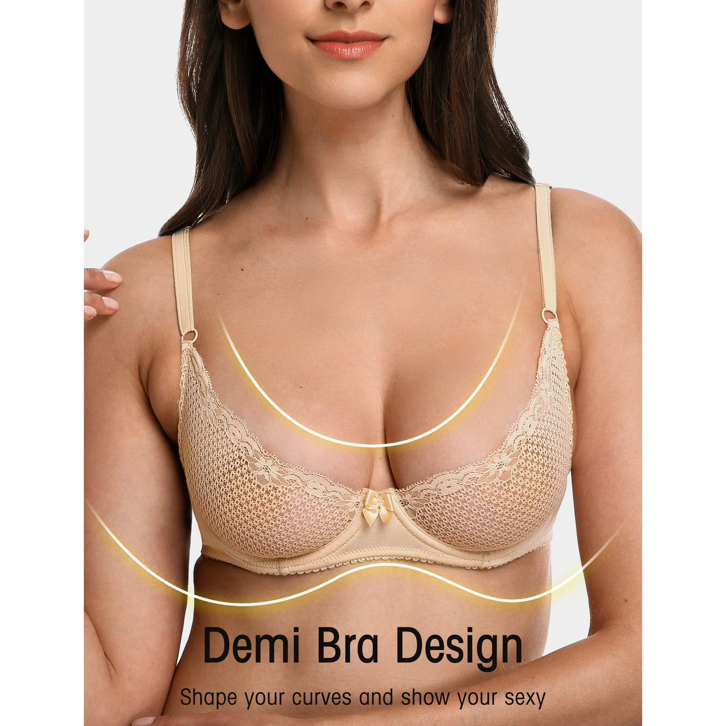 Wingslove Women's Sexy 1/2 Cup Lace Bra Balconette Mesh Underwired Demi Shelf Bra Unlined See Through Bralette,Beige