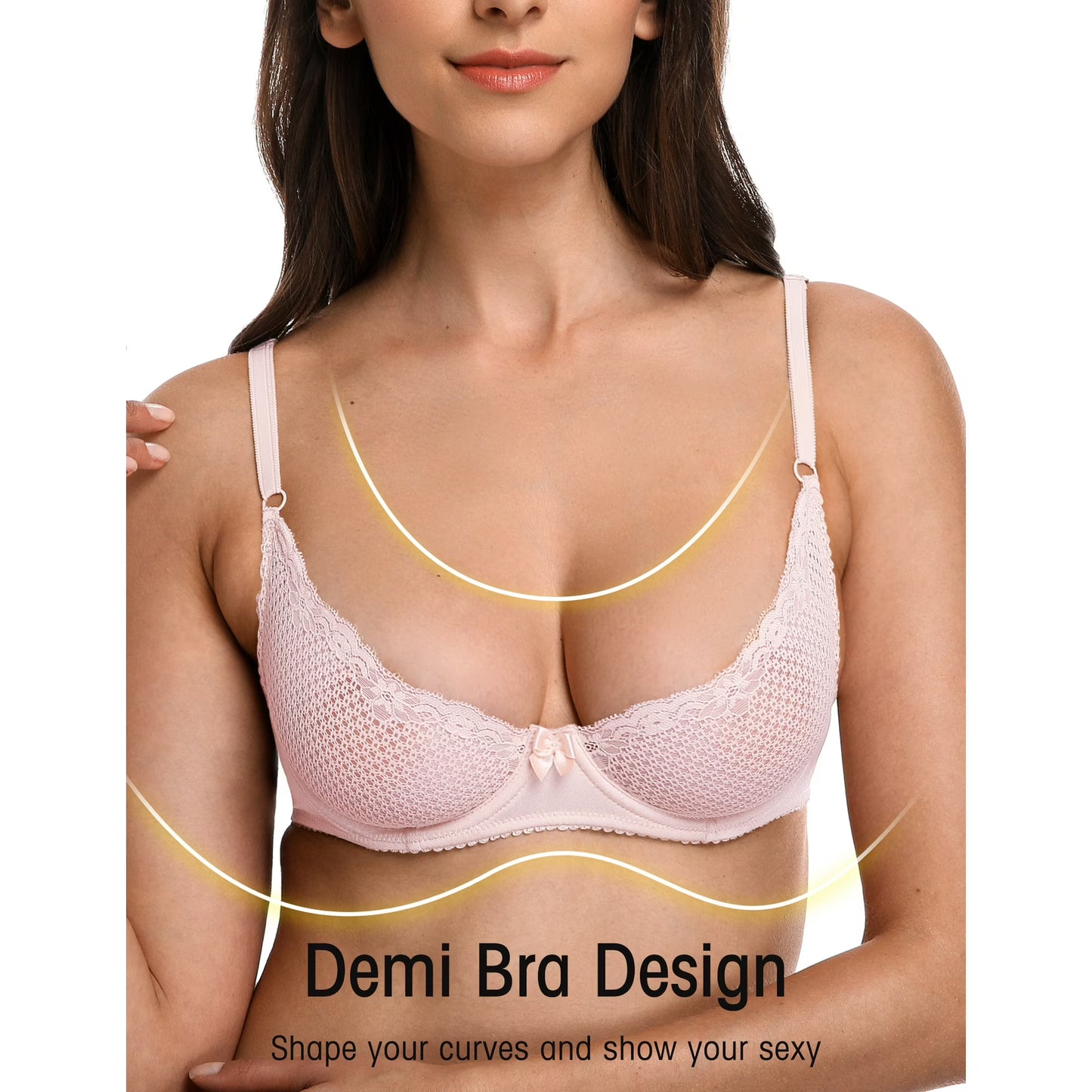 Wingslove Women's Sexy 1/2 Cup Lace Bra Balconette Mesh Underwired Demi Shelf Bra Unlined See Through Bralette,Pink