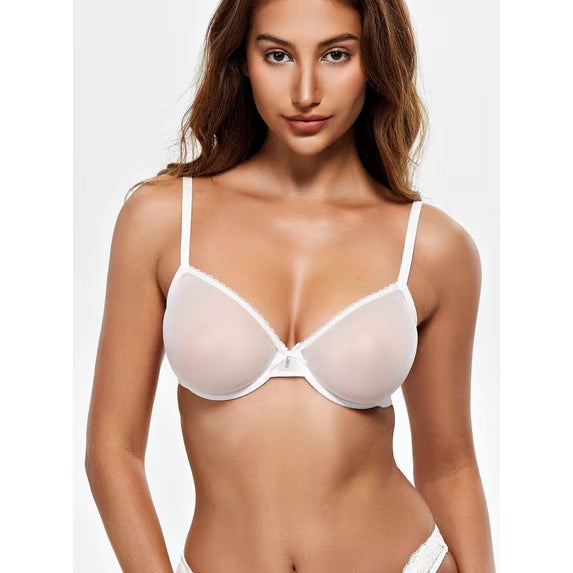 Wingslove Women's Sexy Sheer Bra Unlined Underwire Support See Through Everyday Bra with Silicone Nipple, Nude